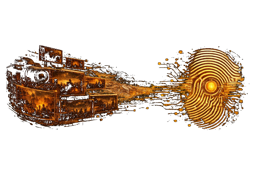 Cubist illustration of photographs transforming into cryptographic fingerprints